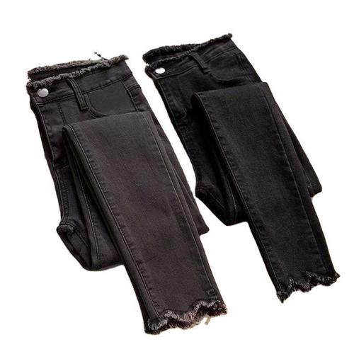 Women's Black High-Waisted Cropped Skinny Pencil Jeans, Korean-Style, Slimming & Versatile with Stretchability
