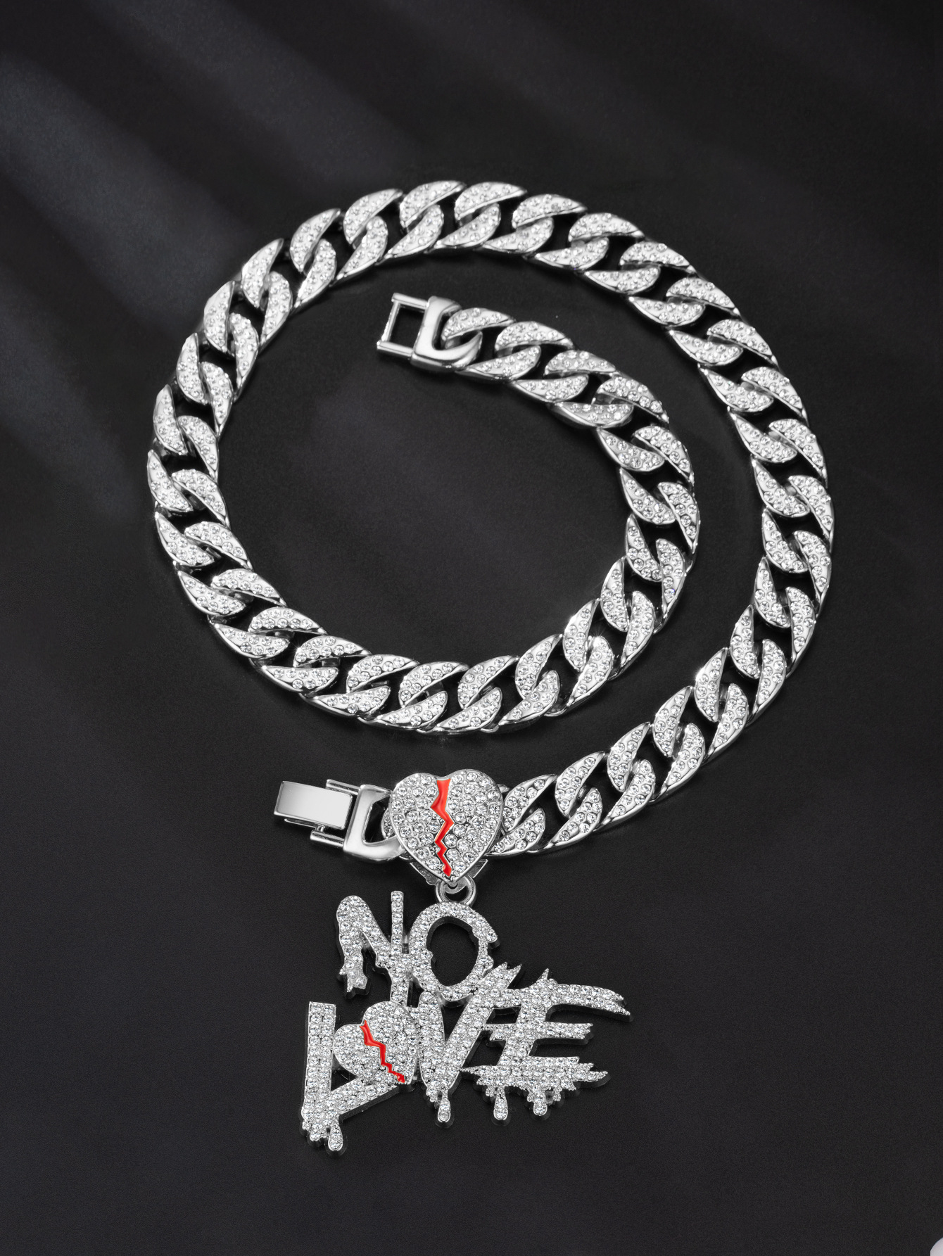 New full diamond Cuban chain splicing letter love pendant hip-hop street culture trendy men's necklace_voghion.com
