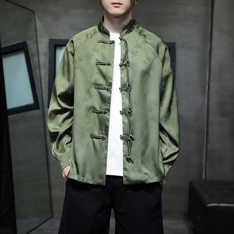 Black Hole Scenery Spring/Summer New Product Chinese Style Bamboo Leaf Silk Jacquard Long sleeved Shirt Button Standing_vogarts.com