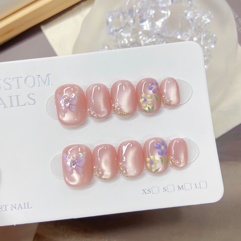 Pure Hand-painted Butterfly Valley Pure Handmade Butterfly Flower Pink Temperament White Light Therapy Armor Explosions Wholesale Nail Art Patch