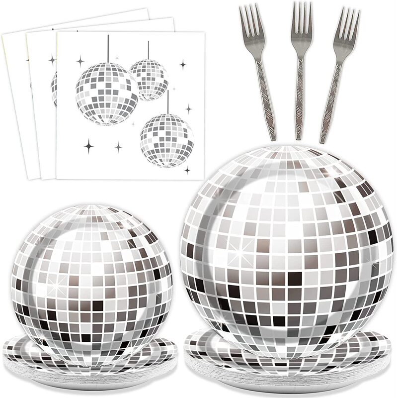 Disco Disco Dance Hall Silver Ball Holiday Tableware 20 People 4-Piece Set Paper Plate Paper Towel Fork