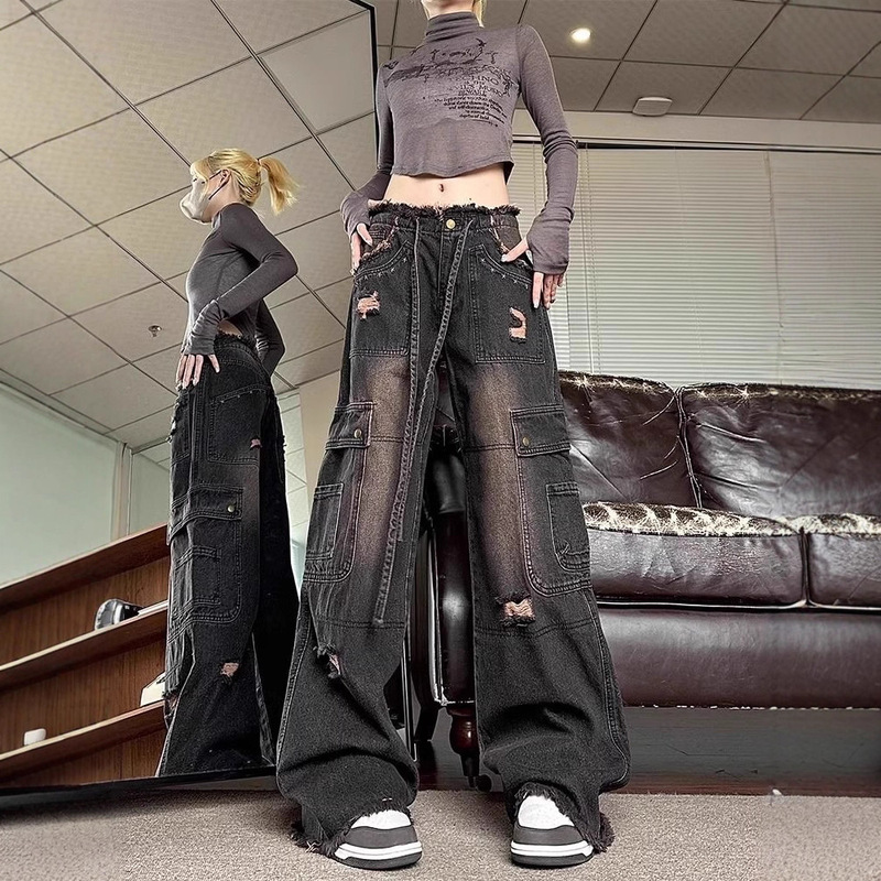 Raw Edge Denim Cargo Pants for Women, Spring and Autumn New Style, High Street Retro High-Waisted Straight Casual Wide-Leg Floor-Length Pants