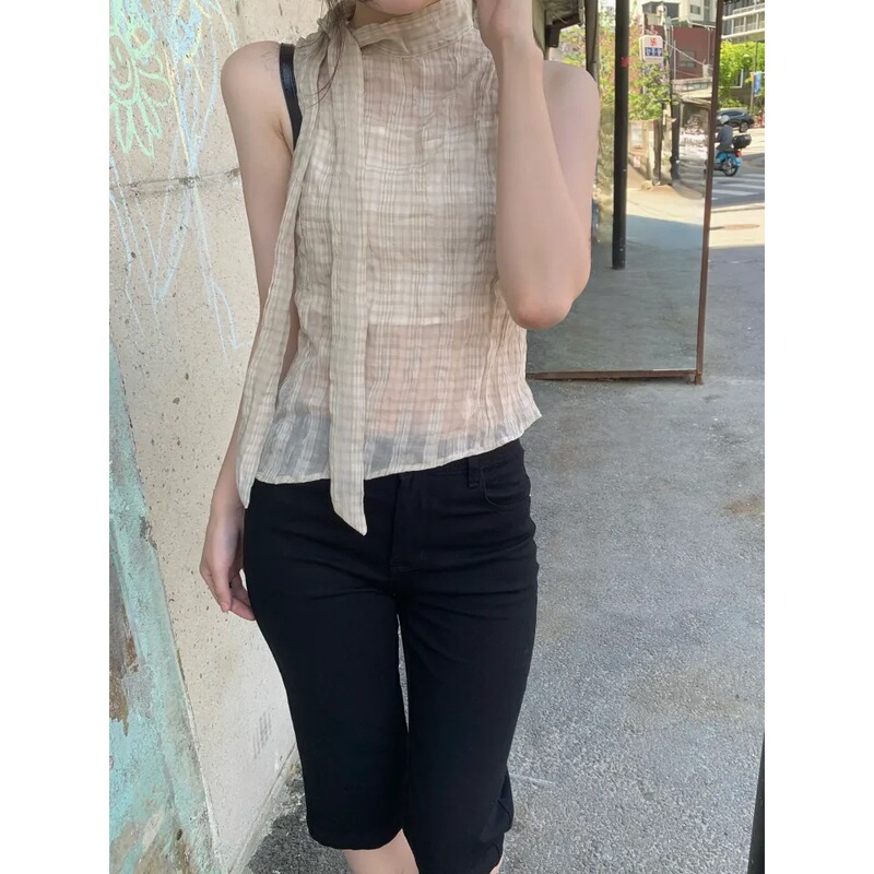 Shipped Now: Chic Korean-Style Bow-Tie Plaid Irregular Shirt for Women, Slim Fit Top with Strapless Design
