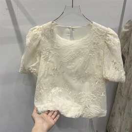 小香风立体花朵衬衫女轻纱圆领上衣2025夏季短款刺绣T恤洋气小衫