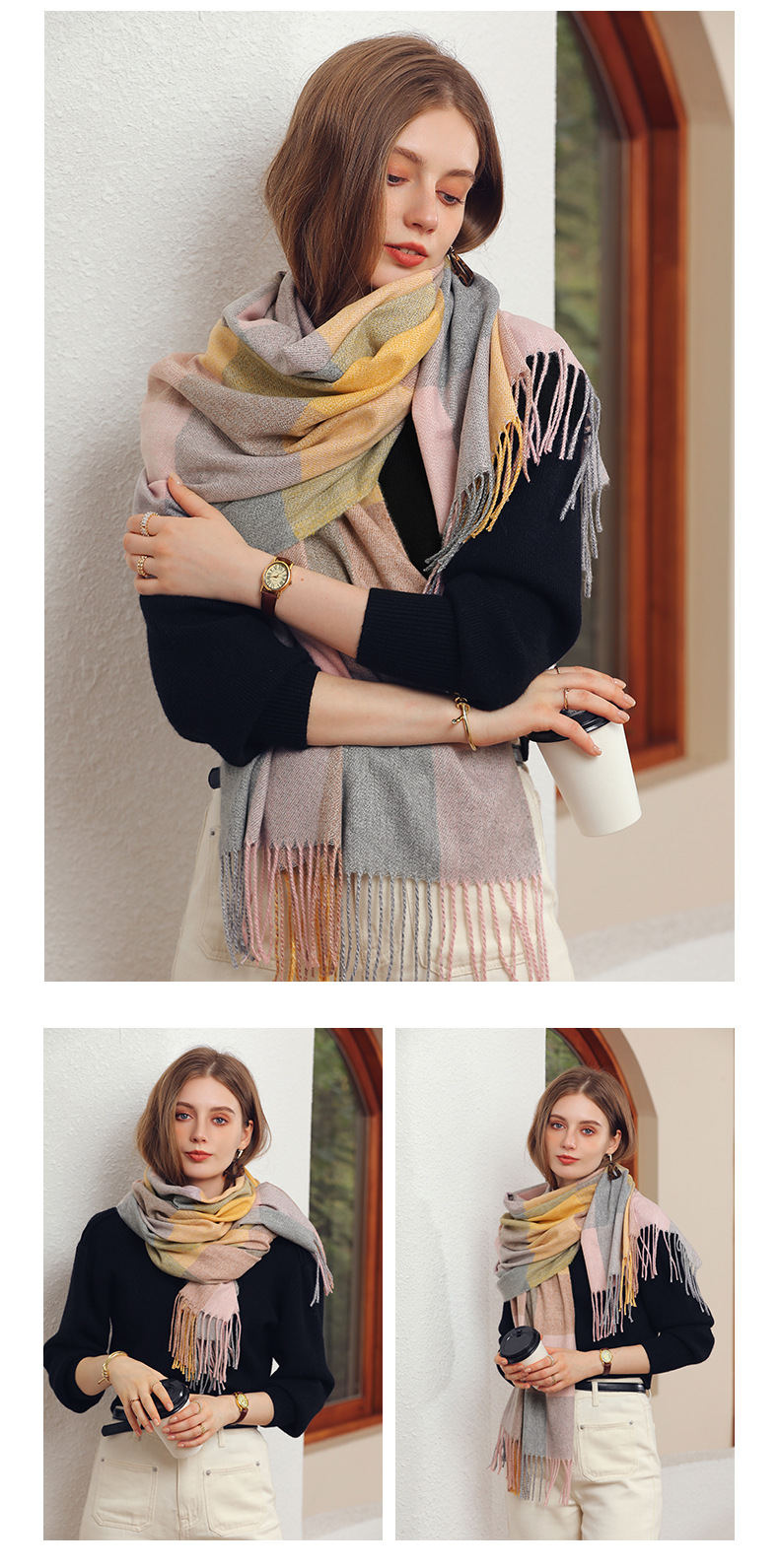 Fashionable Versatile Scarf Plaid Contrasting Cashmere Scarf Comfortable Fresh Sweet Shawl Scarf For Women_voghion.com