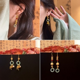 National trend natural stone jade ancient sand gold tassel earrings new Chinese style ancient style gilt clear water ear hook long earrings