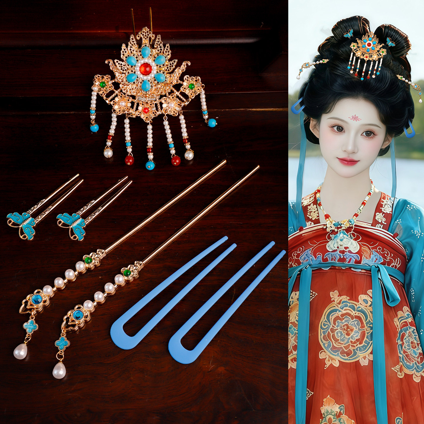 汉服明制复古唐风发饰女古风仿烧蓝发冠黏珠步摇盘发簪子头饰套装