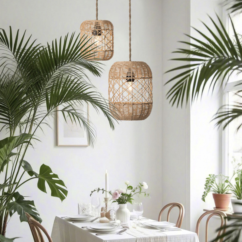Araña de ratán de imitación de estilo pastoral, lámpara de restaurante tejida con cuerda de papel, casa de té, arte de ratán, arte de bambú, candelabro de sala de estar, candelabro de comedor