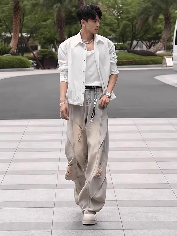 美式复古破洞牛仔裤男款夏季潮牌痞帅炸街裤子乞丐高裆弯刀微喇裤|undefined
