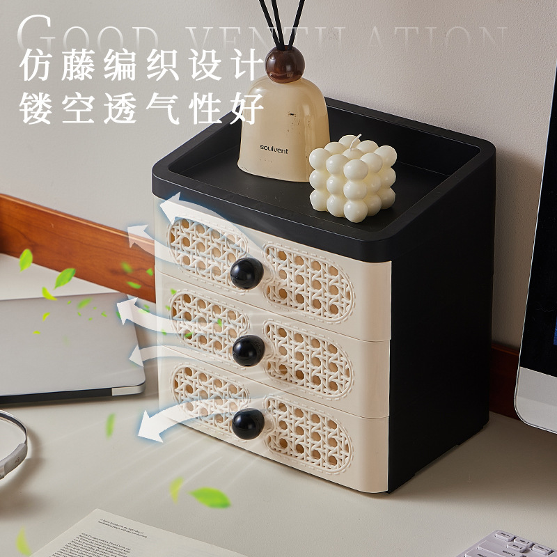 复古桌面收纳盒子轻奢长方形化妆品整理盒仿藤编设计多功能置物篮|undefined