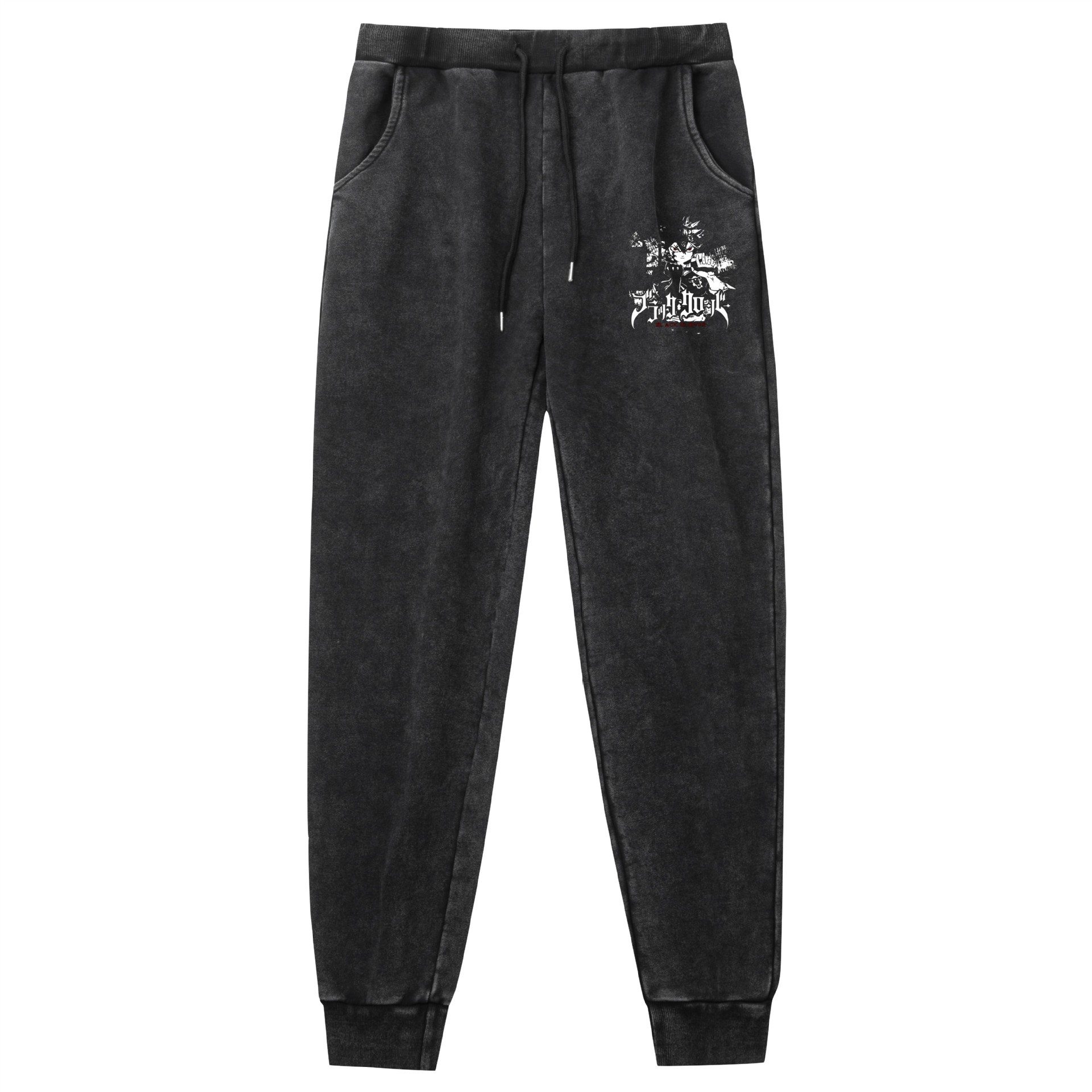 Lavado de comercio exterior y pantalones retro desgastados Trébol de cuatro hojas negro Black Clover impresión de venta caliente de código europeo