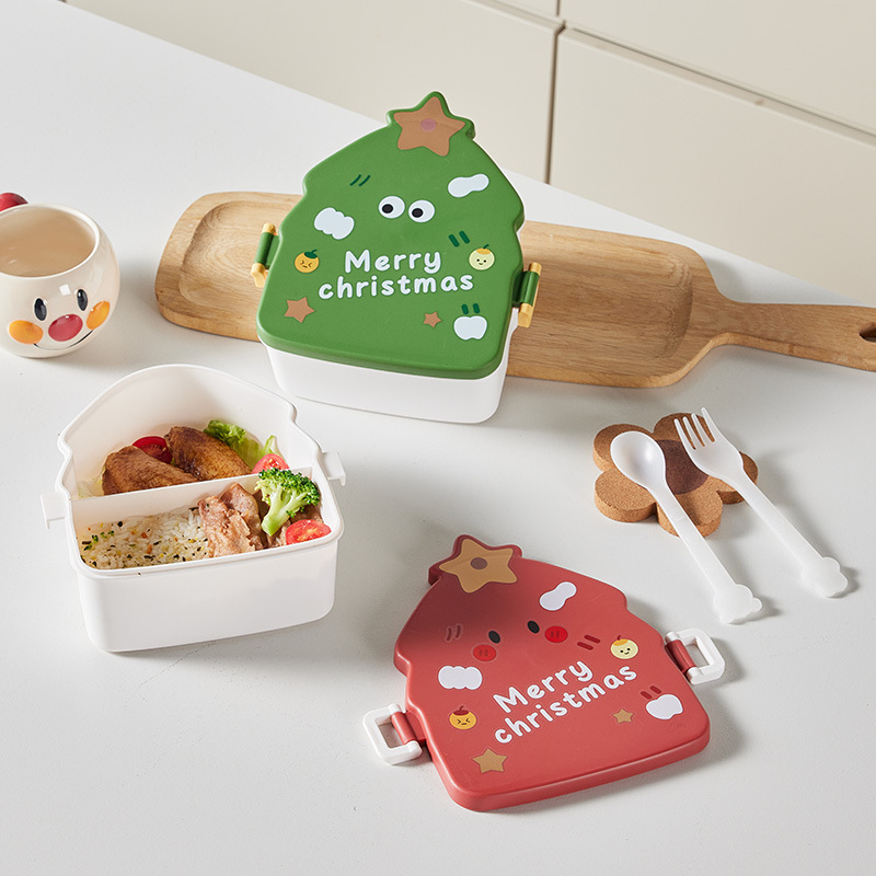 Christmas tree cartoon lunch box with tableware compartment lunch box student office worker microwave lunch box plastic lunch box