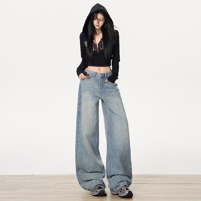 Vintage Whiskered Distressed Washed Jeans for Women, American Style Loose Wide-Leg Straight Pants, Cropped & Full-Length & Plus Size Vintage Whiskered Distressed Washed Jeans for Women, American Style Loose Wide-Leg Straight Pants, Cropped & Full-Length & Plus Size