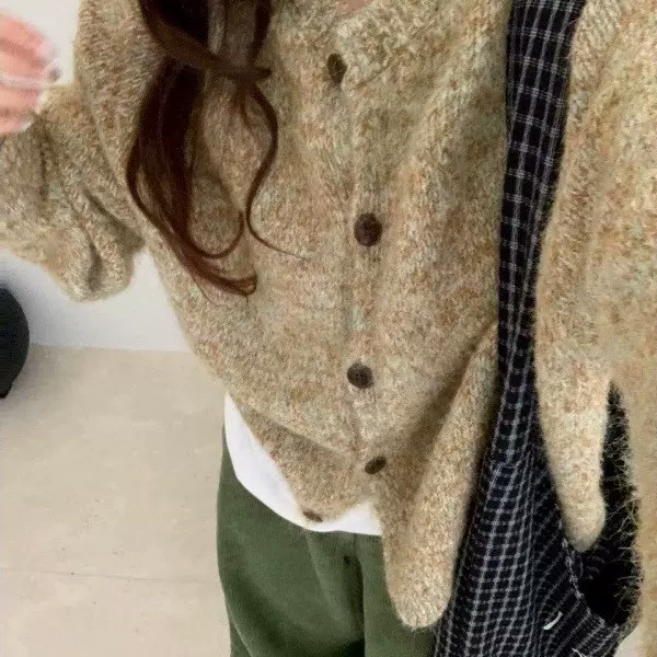 韩系早秋穿搭针织开衫女宽松慵懒风2025新款花色毛衣外套短款上衣