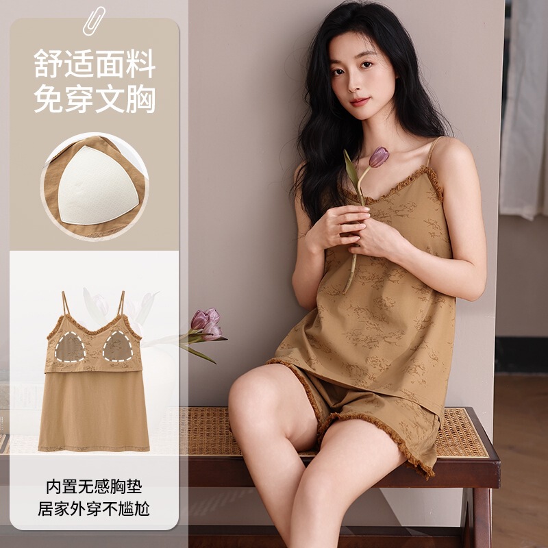Ready-Made Suspender Shorts Pajamas for Women Pure Cotton Summer New Style with Breast Pads Sexy Home Wear Two-Piece Suit