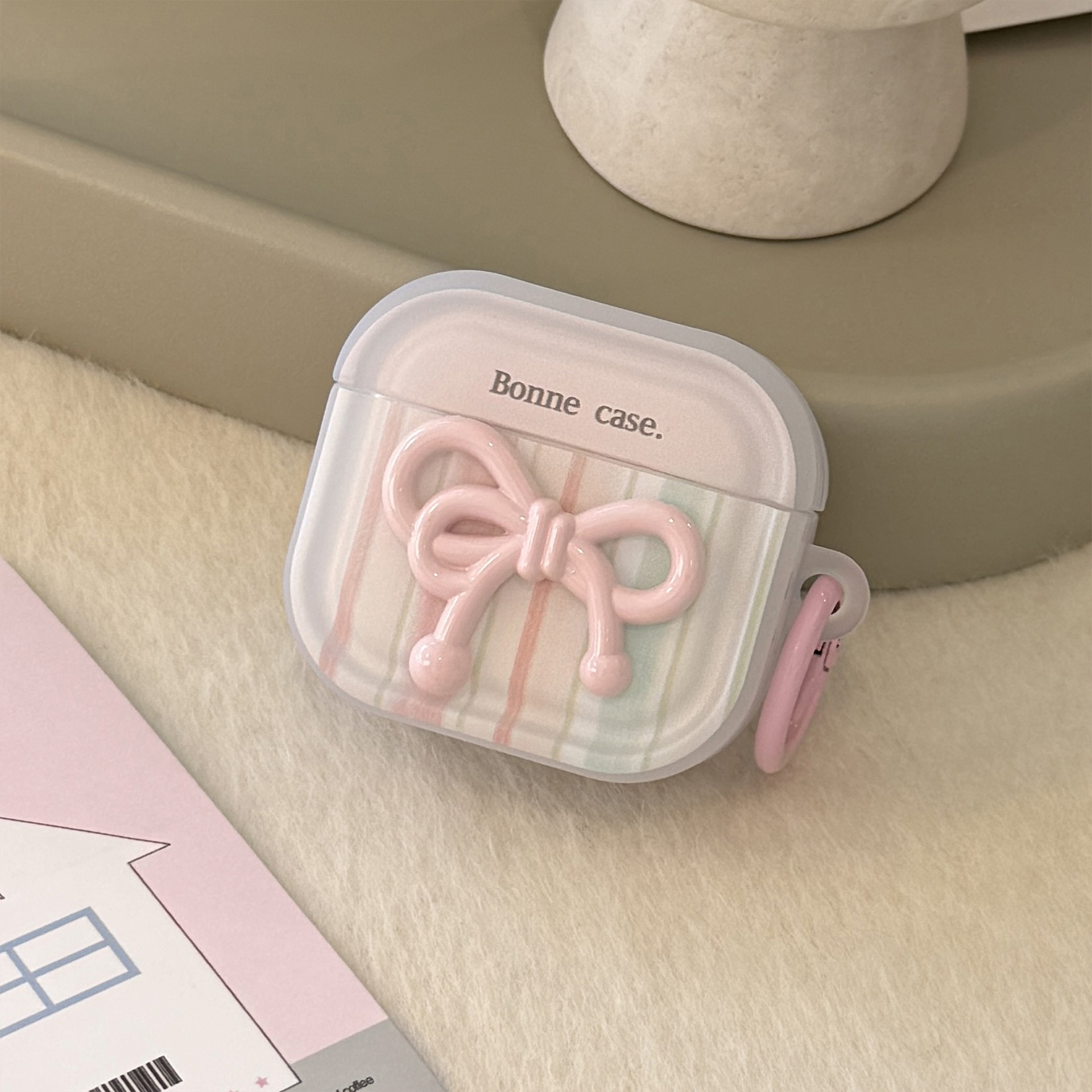Arco de rayas dulces para Apple Airpods 4 generación cubierta de auriculares Bluetooth Pro2 colgante de polvo 1 transparente 3 generación