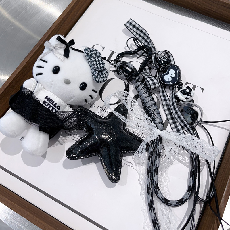 黒と白のミュウ KT バッグペンダント黒五芒星ウェビングビーズ織り手作りキーホルダージュエリーペンダント|undefined