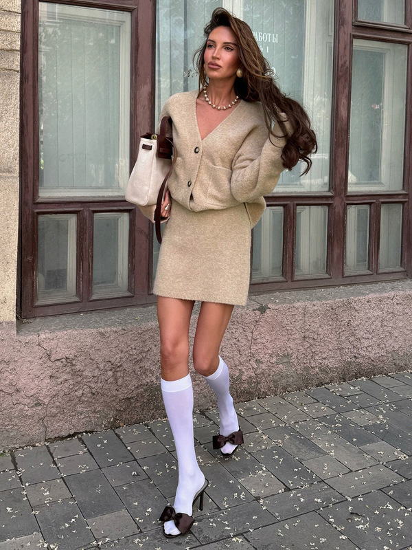 欧美慵懒风休闲舒适百搭显瘦套装毛织宽松通勤开衫+纯色包臀半裙|undefined