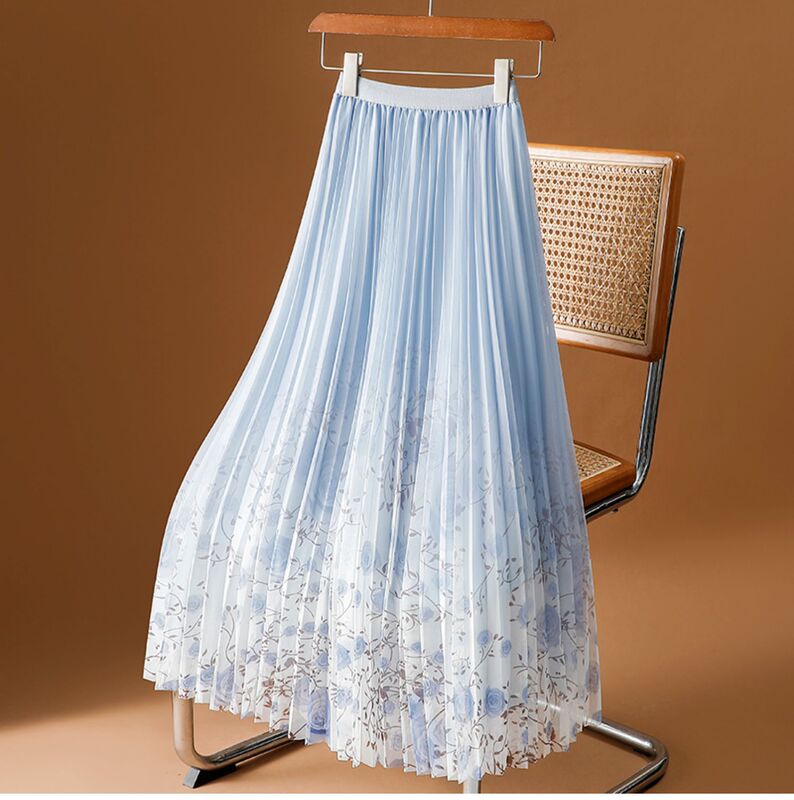 Printed Mesh Skirt for Women Spring and Summer 2025 New Floral Gauze Skirt Mid-Length Draped Pleated Skirt A-Line Long Skirt