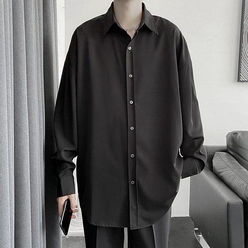 Pure Color Work Shirt for Men, Autumn Thin Long Sleeve DK Uniform Trendy Loose Casual Bad Boy Style Top Shirt