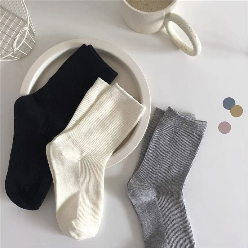 Black and White Grey Solid Color Vertical Simple Sports Casual Short Tube Women's Socks Korean Style Double Needle Ins Style Cotton Socks for Women