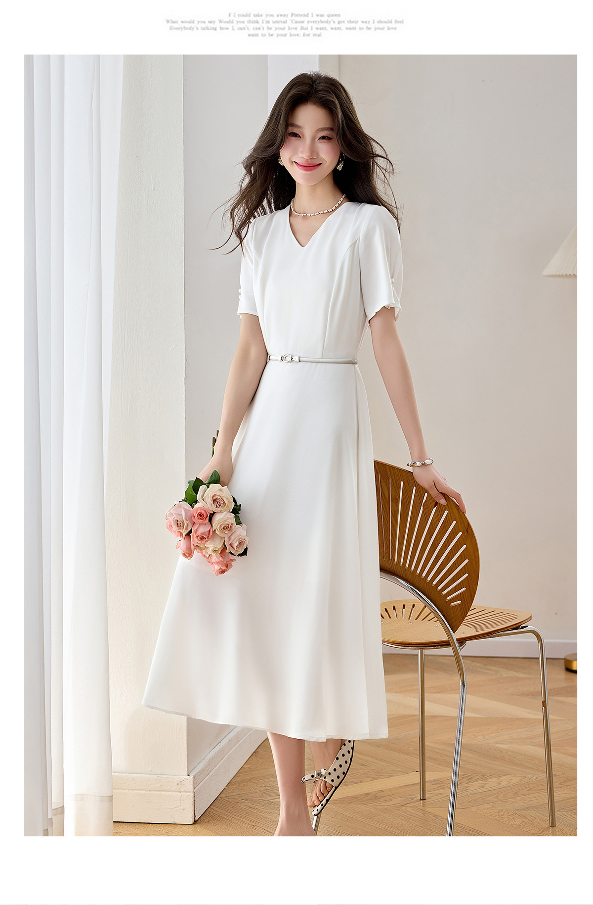 Đầm maxi nữ thắt eo cổ V dáng dài phối màu trơn — màu xanh đậm, màu tím, màu trắng chi tiết 17