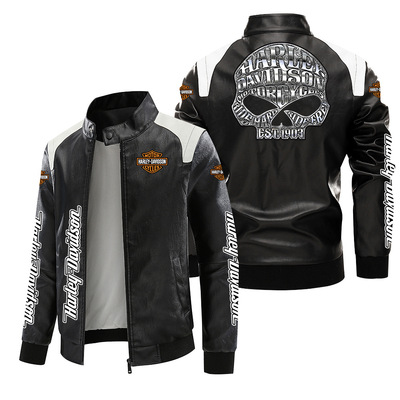 [Европейский код плюс бархат] Harley Motorcycle Label Кожаный курт