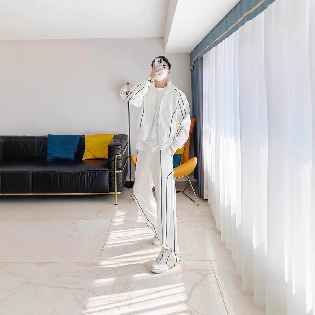 高级感痞帅休闲运动套装男宽松设计感开衫夹克阔腿裤搭配两件套潮