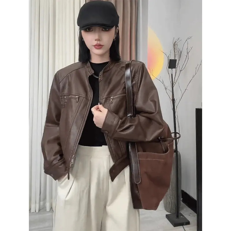 Women's Leather Jacket 2025 New Popular American Retro Biker Leather Jacket Trendy Melade Women's Clothing Women's Leather Jacket 2025 New Popular American Retro Biker Leather Jacket Trendy Melade Women's Clothing