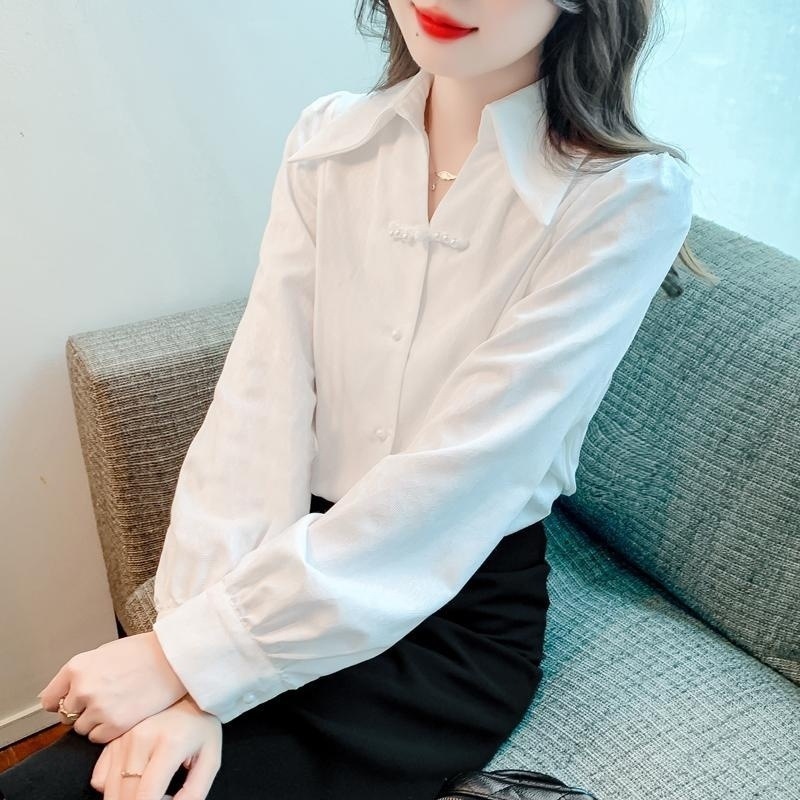 新中式盘扣白色衬衫女春季2025新款复古翻领长袖气质国风衬衣上衣|undefined