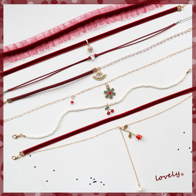 日韓飾品秋冬紅色新年聖誕項鏈Choekr項圈頸鏈毛衣鏈短款鎖骨鏈女