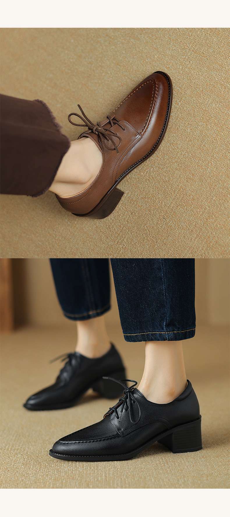 Giày da nữ cổ điển mũi nhọn buộc dây gót vuông 5 cm phong cách Anh — Màu nâu chi tiết 9