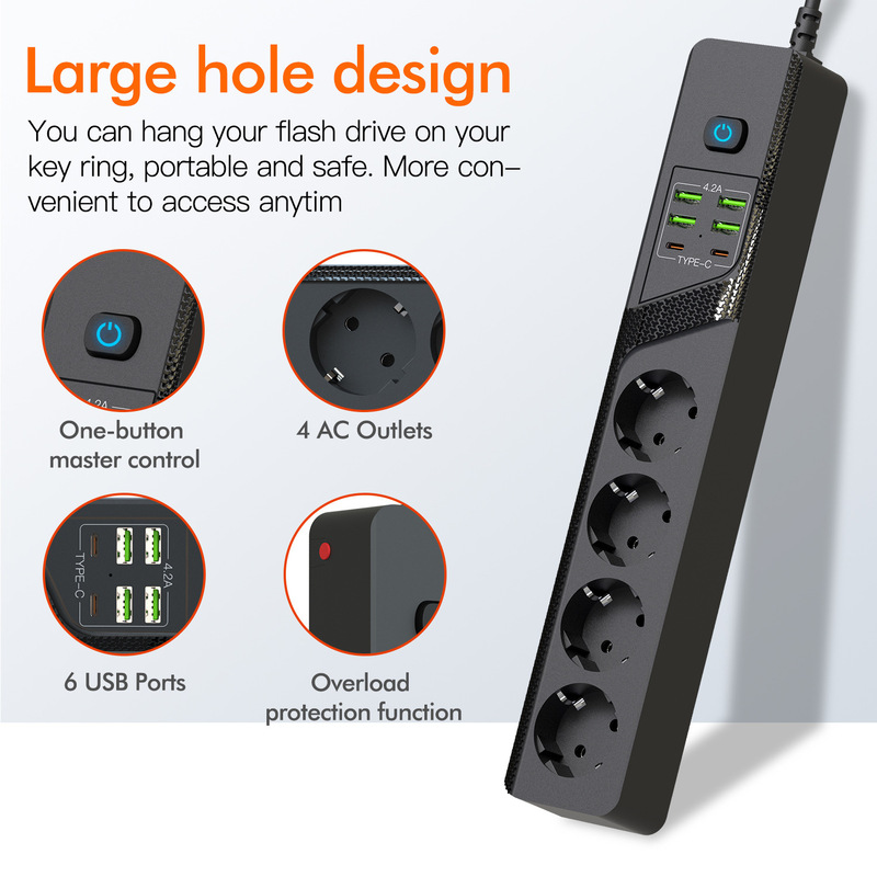 Multi-Functional USB German Standard Socket Plug with Overload Protection Extension Cord Typec High-Power Power Strip European Standard