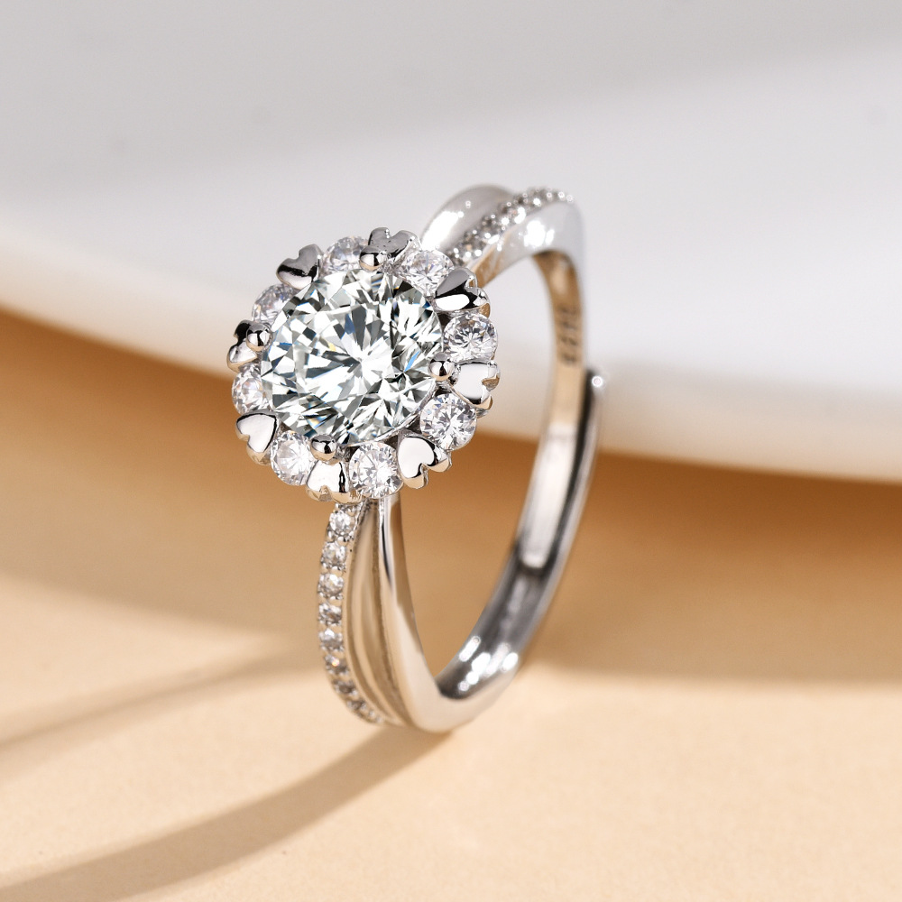 European and American Popular Moissanite Cross-Arm Flower Ring Carat Simulated Diamond Engagement Ring Light Luxury Niche Design Wedding Ring