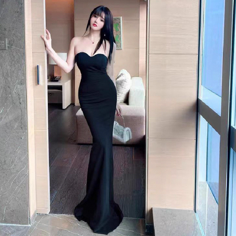 Night Women's High-end Black Evening Dress Slim-fit Slimming Host Strapless Dress Elegant Sexy Long Dress