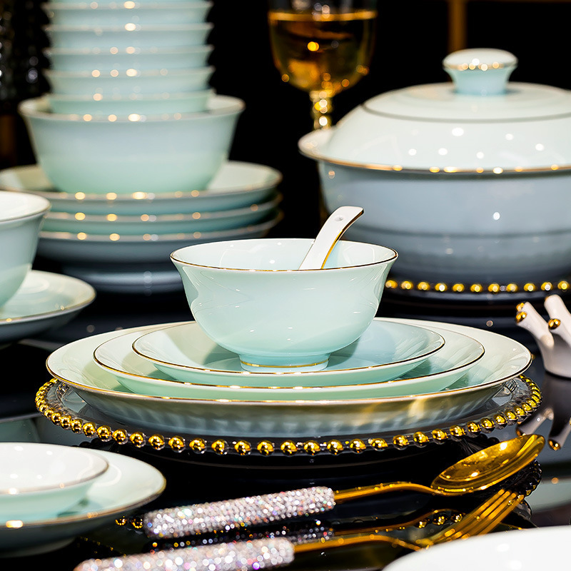 Jingdezhen Bowls for Home Use, High-White Porcelain Underglaze Color, Blue Glaze Bowl and Plate Set, Hand-Painted Gold Rim Tableware