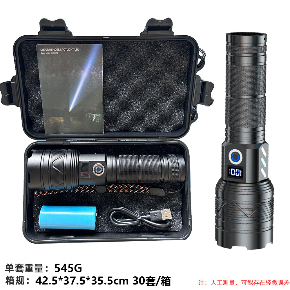 Actualización de zoom de pantalla de potencia digital de luz intensa transfronteriza A06A, carga TYPE-C, linterna de emergencia de larga distancia con láser blanco