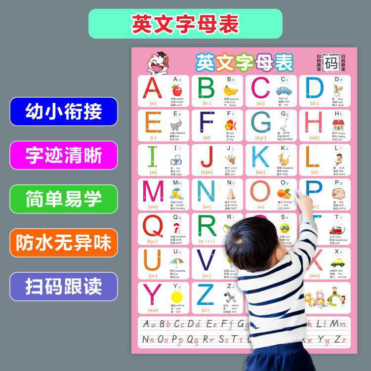 26个英语英文字母表墙贴挂图小学二十六个abcd大小写扫码发音批发
