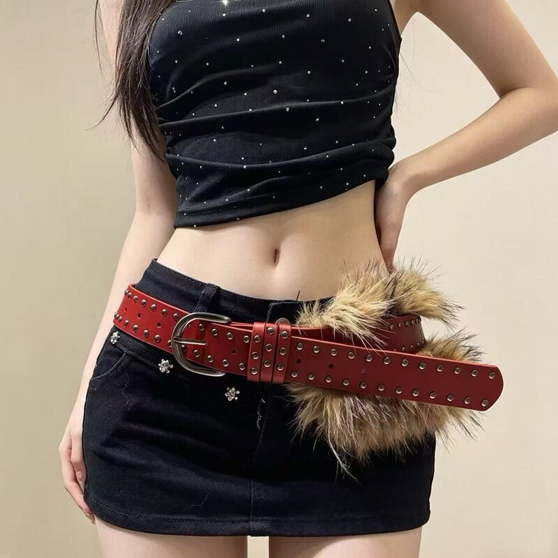 Women's belt paired with wide-leg pants, American Y2K hot girl style, plush splicing, red wide belt, niche personality, punk style