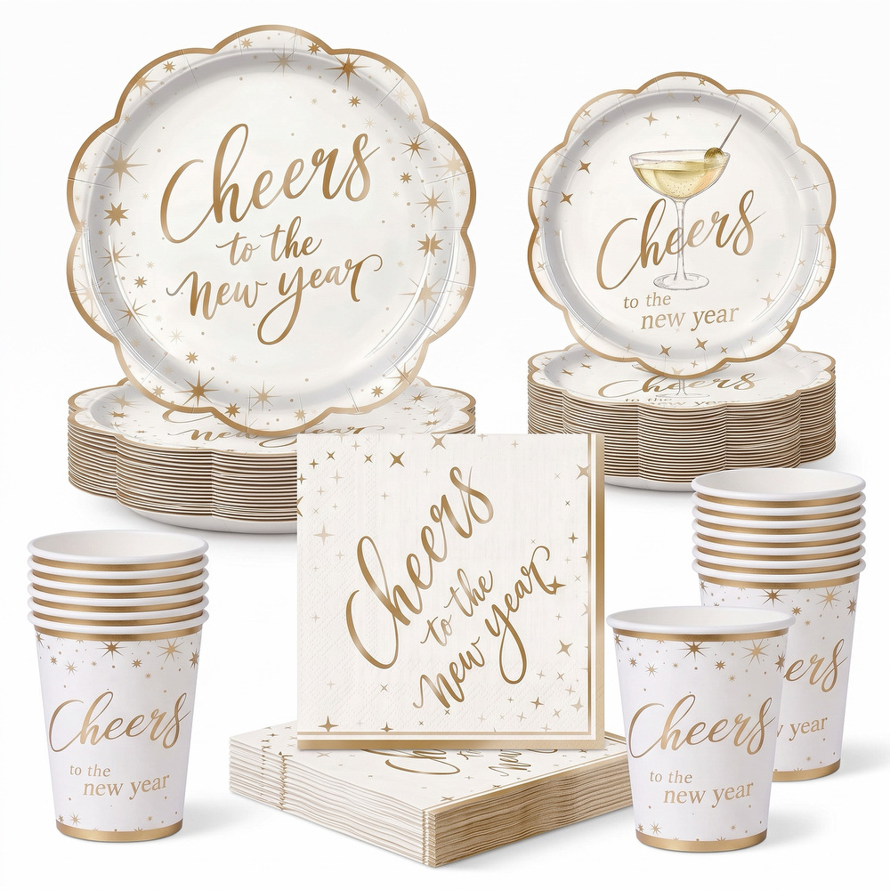 Gold Foil New Year Party Tableware: Cheers to the New Year! Disposable paper plates, cups, and napkins