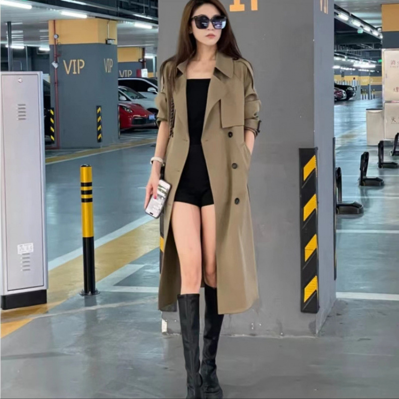 上新高档过膝风衣女装春秋气质设计英伦双排扣中长款宽松外套|undefined