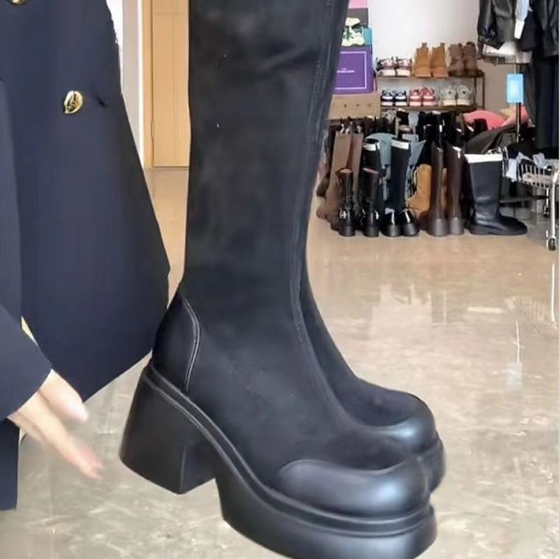 Elastic high boots square toe with hidden heel platform