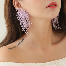 韩国新款超仙美流行紫色透人造水晶珠珠流苏时尚气质耳环耳饰批发