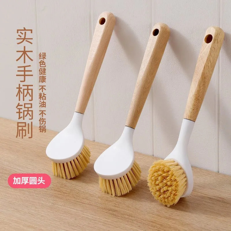 Wooden Handle Pot Brush for Home Kitchen, Non-Stick Cleaning Brush for Washing Pots, Long Handle Pot Brush with Wooden Handle
