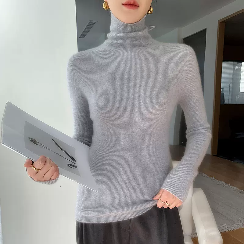 轻柔软糯堆堆领山羊绒衫女长袖针织衫高领无缝毛衣抽条显瘦打底衫