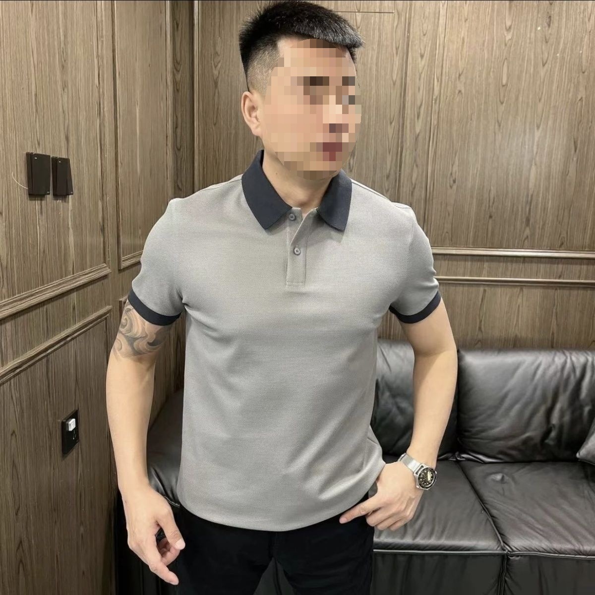Áo polo nam tay ngắn cổ bẻ phối màu thời trang hè 2026 — màu đen, màu ô liu xanh, màu cam, Xanh lông mòng đen chi tiết 8