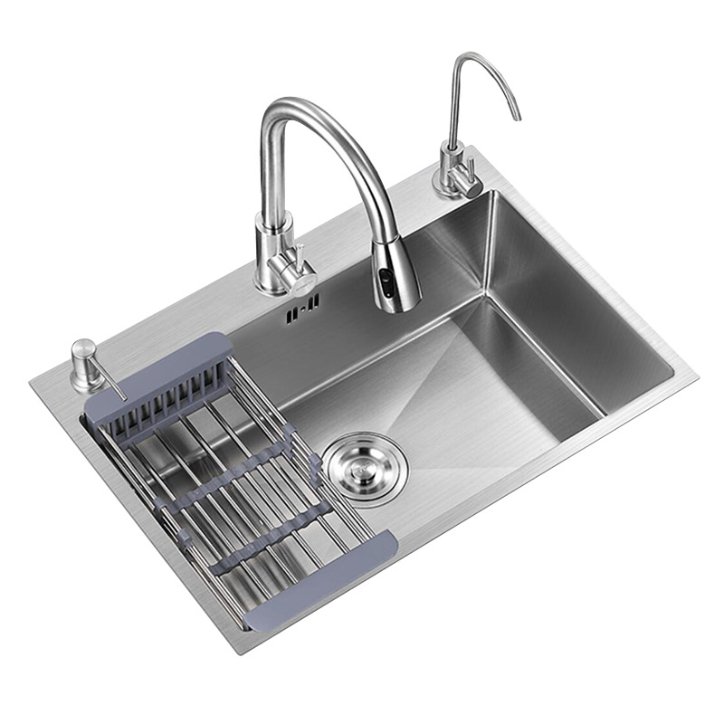 Fregadero de acero inoxidable fregadero de la cocina del hogar fregadero grande de un solo lavabo de lavado de vegetales de tres agujeros cepillado soporte de la cuenca entrega de una sola pieza