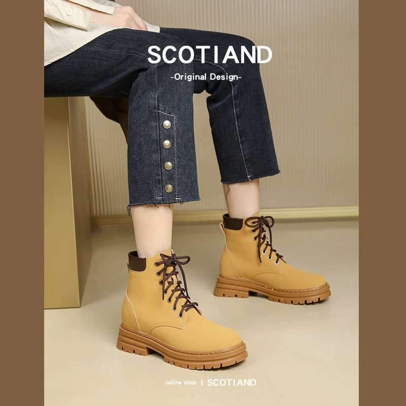 Женские ботинки Мартин с увеличением роста, маленький размер, желтые ботинки средней высоты на толстой подошве, новинка осени-зимы 2025, ретро-стиль в британском стиле, короткие ботинки.