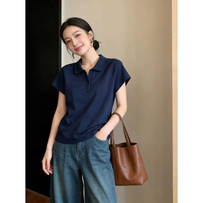 Short-Sleeved Women's T-Shirt with Polo Collar and Patchwork Design, Regular Shoulder Fit, Summer Plus-Size, Flattering for Slightly Plump Figures, Stylish and Very Attractive Top Short-Sleeved Women's T-Shirt with Polo Collar and Patchwork Design, Regular Shoulder Fit, Summer Plus-Size, Flattering for Slightly Plump Figures, Stylish and Very Attractive Top