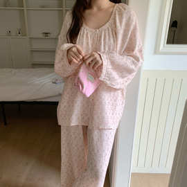 韩国ins女士秋季新品韩版舒适双层棉纱浅粉小碎花家居服睡衣套装